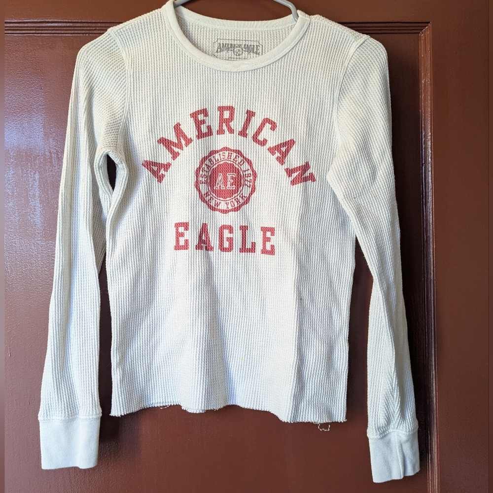 American Eagle Outfitters Cream Long Sleeve Tee with Red Logo